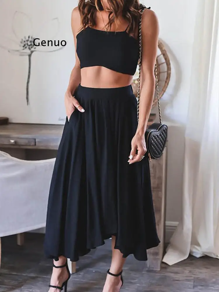 

Summer Elegant Sexy Party Suit Skirt Solid Color Casual Temperament Office Two-Piece Set 2022 New Vintage Pleated Skirt