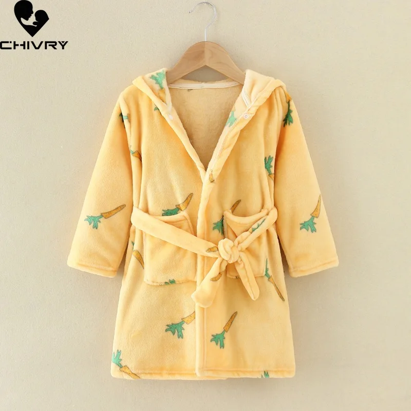 Autumn Winter Kids Hooded Flannel Bathrobe Baby Bath Robes Boys Girls Cartoon Dinosaur Warm Pajamas Long Sleeve Towel Robe