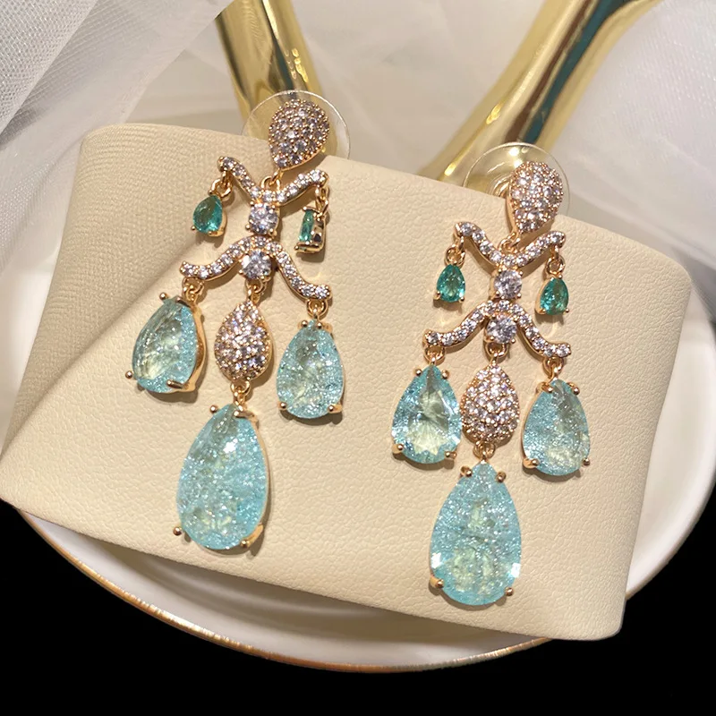 

Shining Ice Cracked Zircon Tassel Water Drop Dangle Earrings Summer Fashion Sweet Statement Eardrop Luxury Brand Jewelry