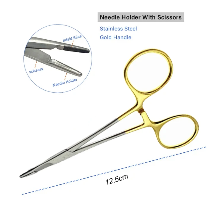 Needle Holder Scissors Multifunctional needle holder with scissors 12.5cm/14cm Needle Holder Insert Gold Handle Clamp 1pcs