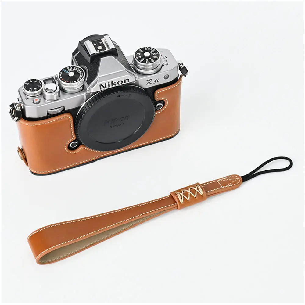 니콘 Zfc ZFC용 오일 스킨 PU 가죽 카메라 하프 케이스 하단 배터리 개방 커버 랜야드 핸드 스트랩 포함
