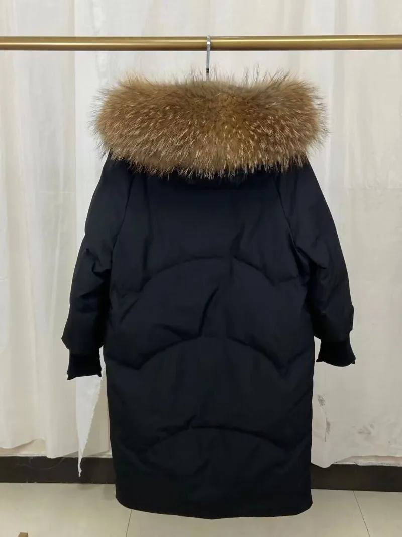 Down Jacket Women Long Knee Length Large Fox Collar Winter New Loose and Thick White Duck Down Hooded Jacket