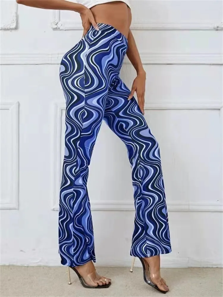 sweatpants Spring and Summer New Women's Water Ripple Printed Trousers Harajuku High Waist Casual Retro Plus Size Flared Pants Street Style fashion clothing