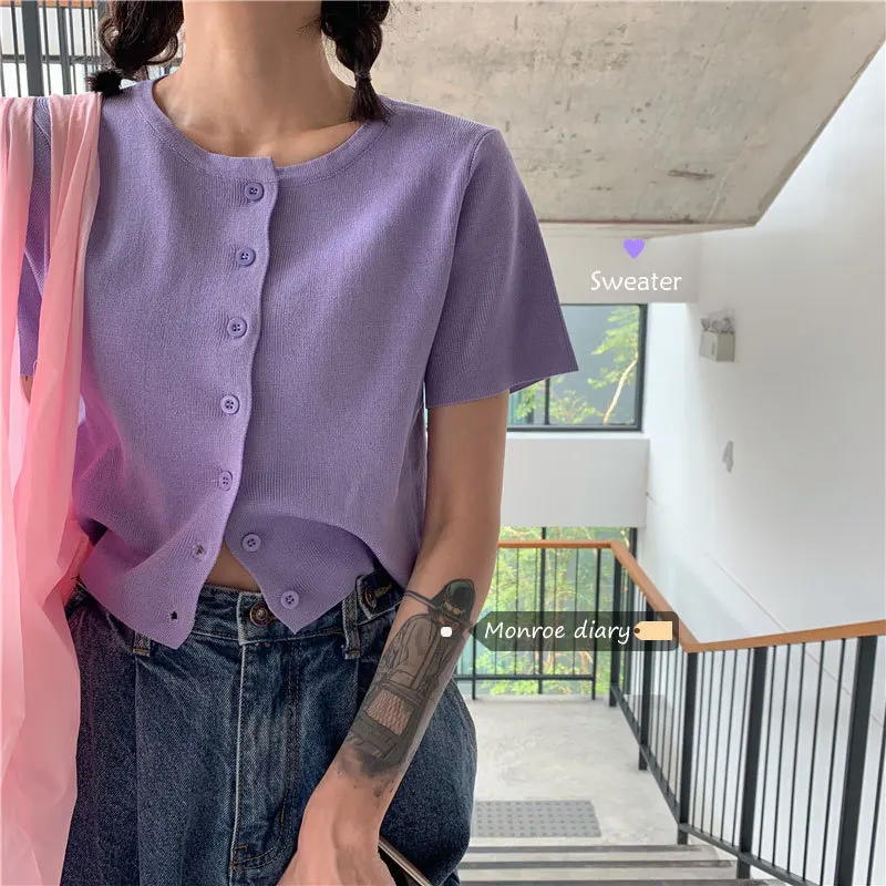 Women Slim Short Sleeve Knitted Cropped Sweater Top