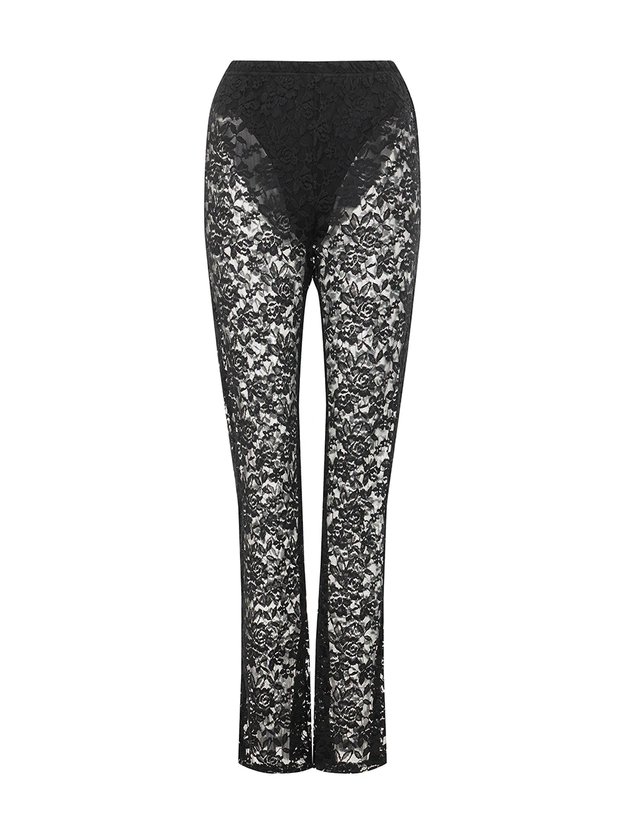 Women&rsquo;s Sheer Lace Pants Mid Waist Solid Color Flare Pants Bell-Bottoms Trousers Beachwear