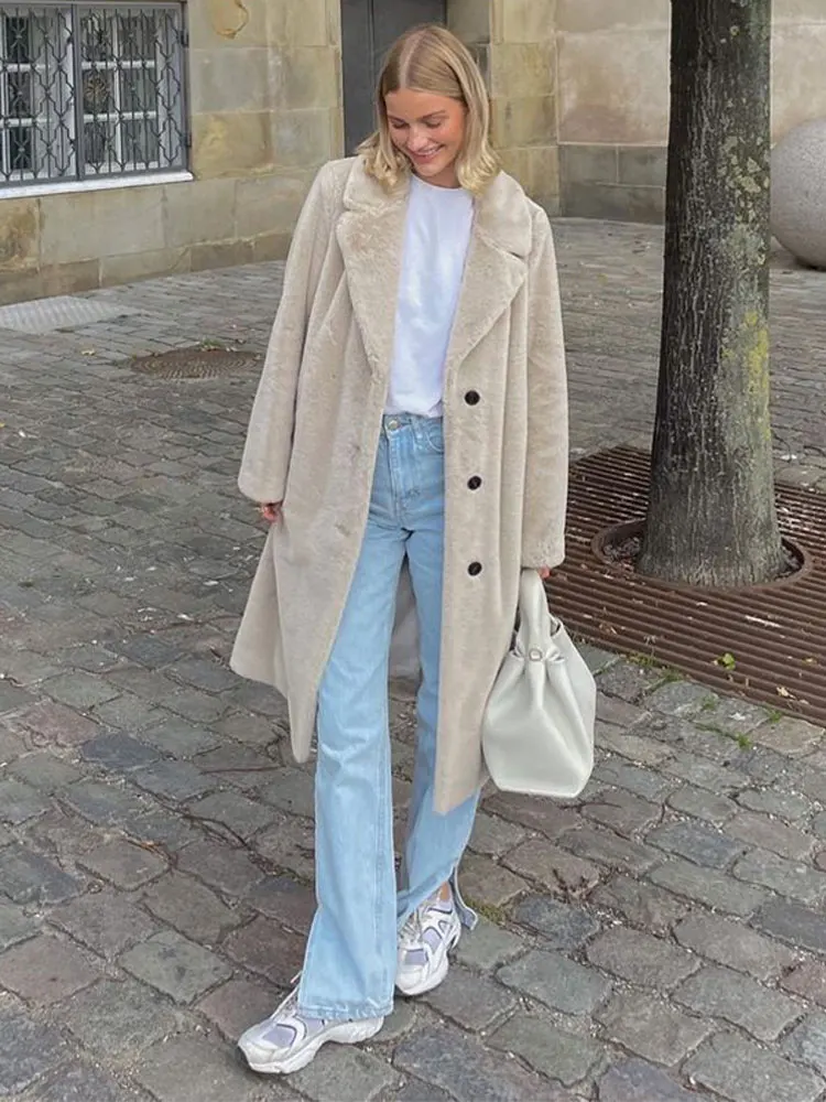 

2023 Winter Warm Thick Fake Fur Long Coat Elegant Solid Single Breasted Long Sleeves Overcoat Casual High Street Female Outwear