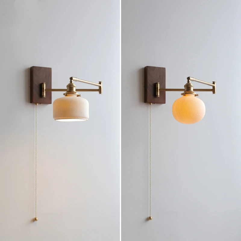 IWHD 풀 체인 스위치 침실 거실 조명 팔 왼쪽 오른쪽 Totate 나무 캐노피 Applique Murale Sconce 옆에 LED 벽 램프