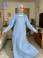 Abaya élégante pas chère pour femme, robe musulmane traditionnelle africaine en 2 pièces avec strass, robe bleue de Dubaï, taille plus, jalabiya marocaine 1
