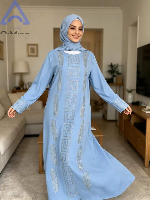 Abaya élégante pas chère pour femme, robe musulmane traditionnelle africaine en 2 pièces avec strass, robe bleue de Dubaï, taille plus, jalabiya marocaine 1