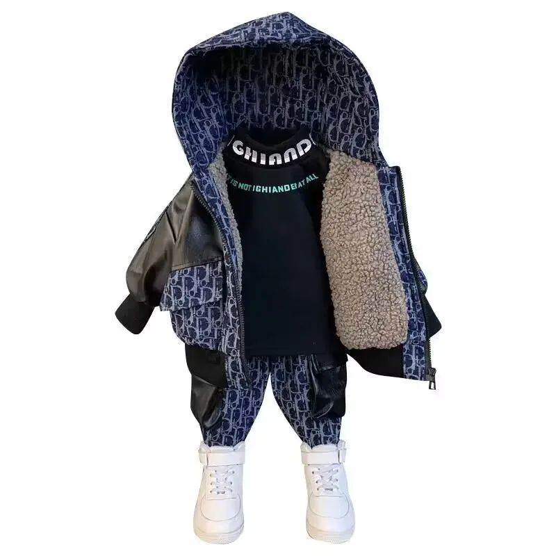 Kids Clothes Autumn and Winter Boys' Clothing Set New Children's and Baby's Winter Wear Plush Thick Hooded Coat Pants 2 Piece Set