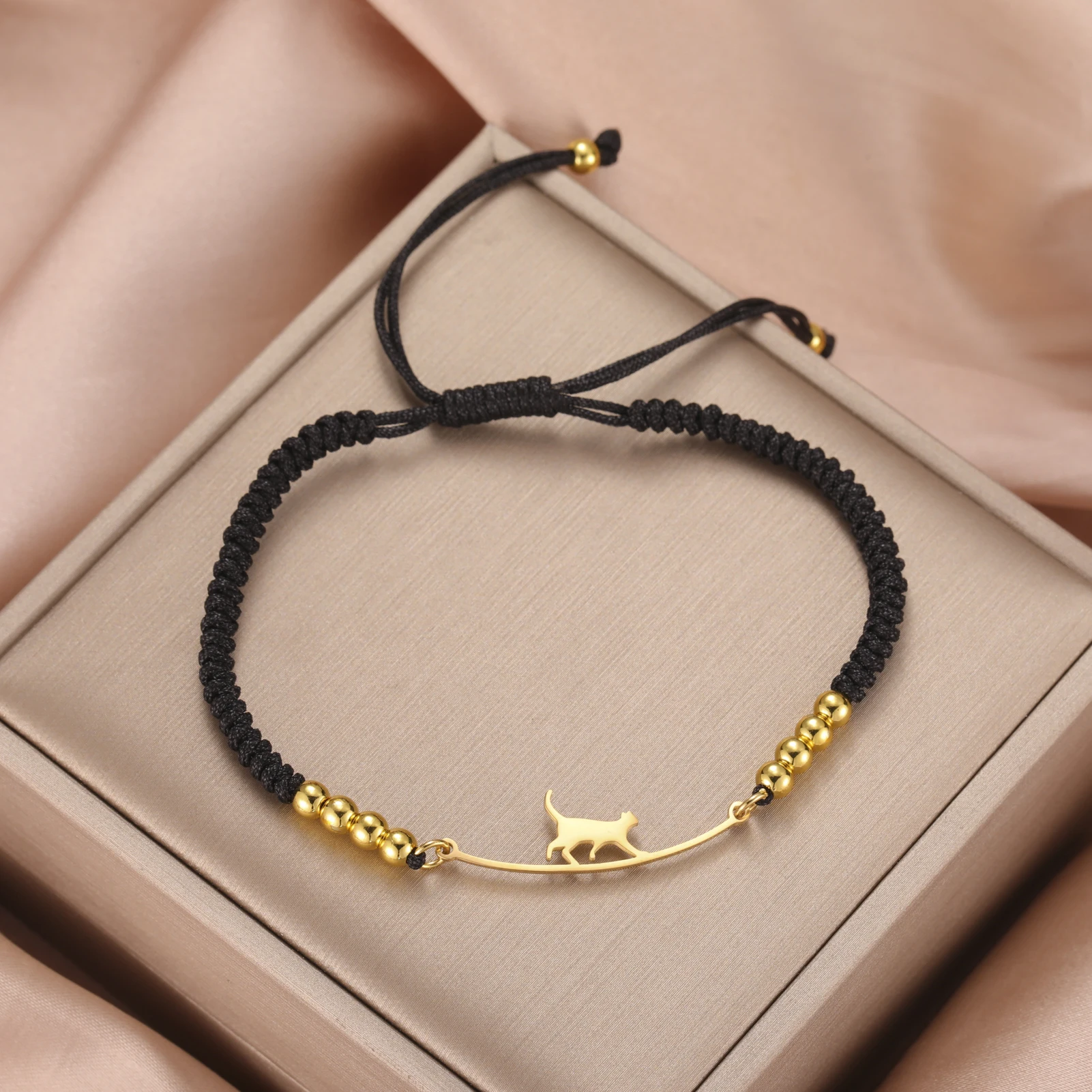 Stainless Steel Gold Color Cat Charm Bracelet for Girls' Braided Rope Bracelets - PeticaDeals