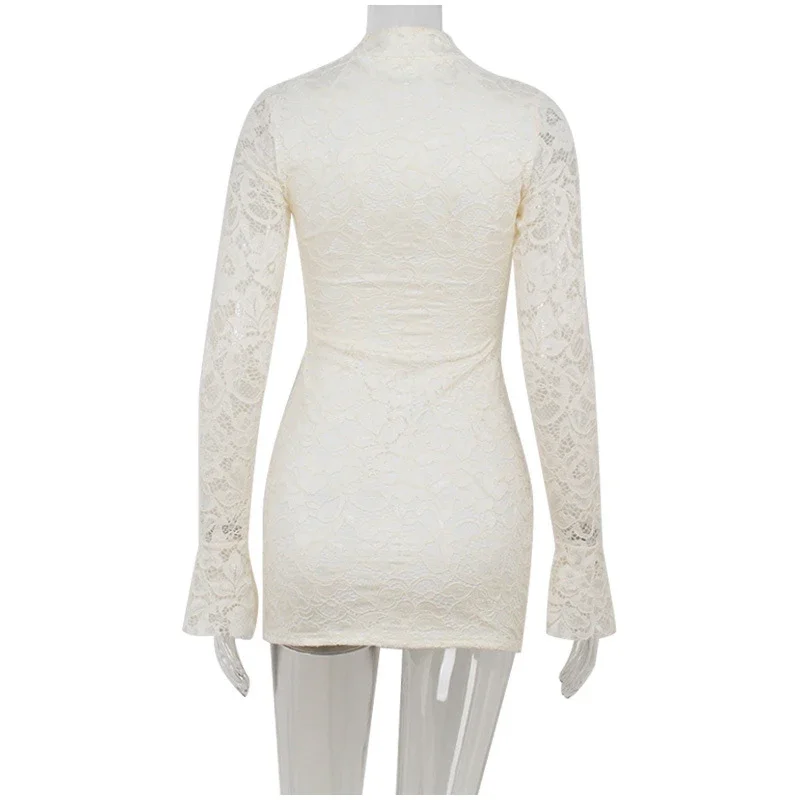 Sexy Spitzen-Minikleid für Damen mit hohem Kragen, Schlüsselloch-Ausschnitt, ausgestellten langen Ärmeln und Hüftbetonung – Elegante Club-Kleider für Damen, Frühjahr 2026, Neu – Detail 2