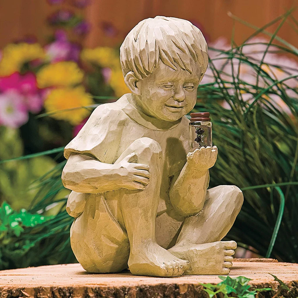 Kids Statues w/ Lighted Jar Figurine Outdoor Indoor Home Tabletop Ornament