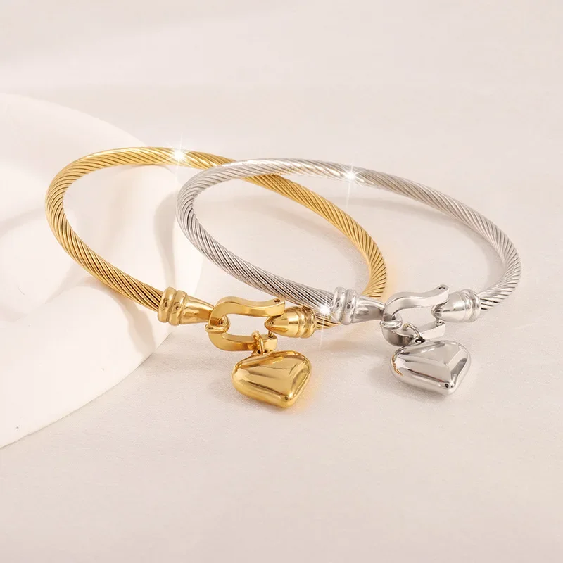 18k Gold Color Stainless Steel Heart Pendant Charm Bangle Bracelets For Men Women