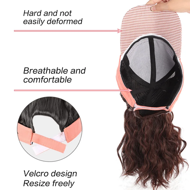 Synthetic natural curly ponytail extension wig Straight Travel beach shade pink baseball cap Easy to wear hat wig