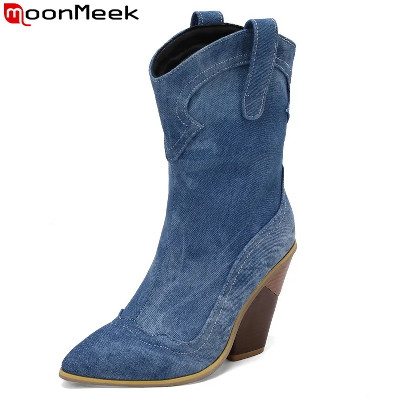 

MoonMeek 2023 Size 34-48 New Pu Slip On Winter Boots Women Ladies Pointed Toe Ankle Boots Thick High Heels Western Boots