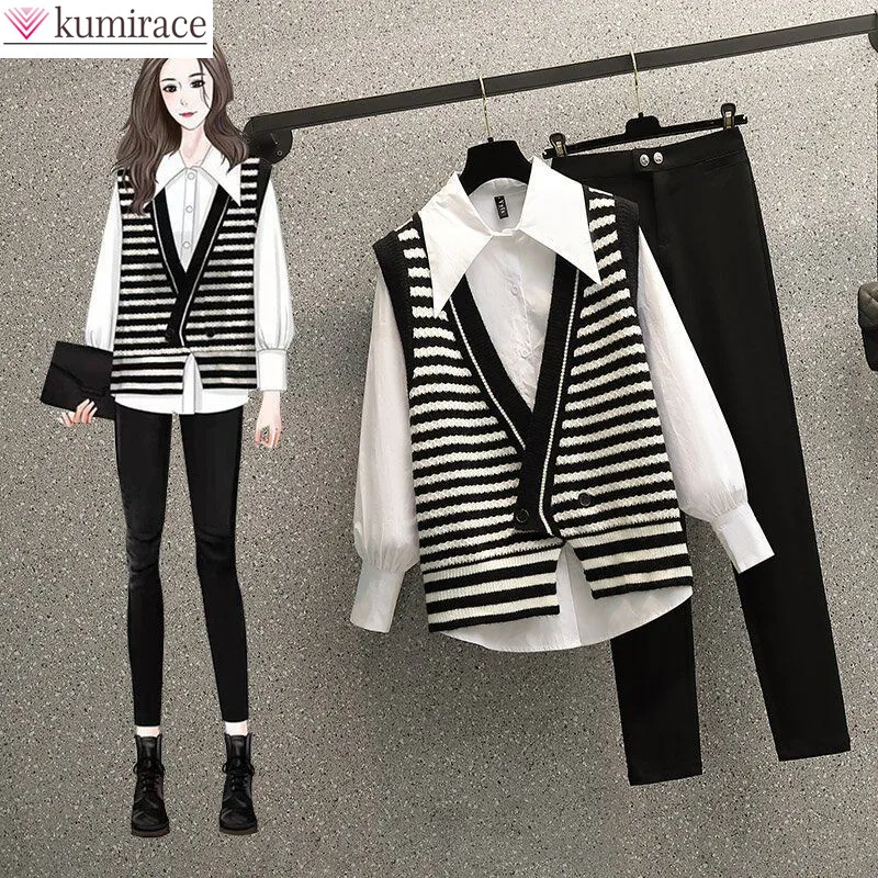 2022 Black White Striped Pants Set Casual Vest Shirt Teousers Three Piece Set Elegant Women's Tracksuit Female Clothing