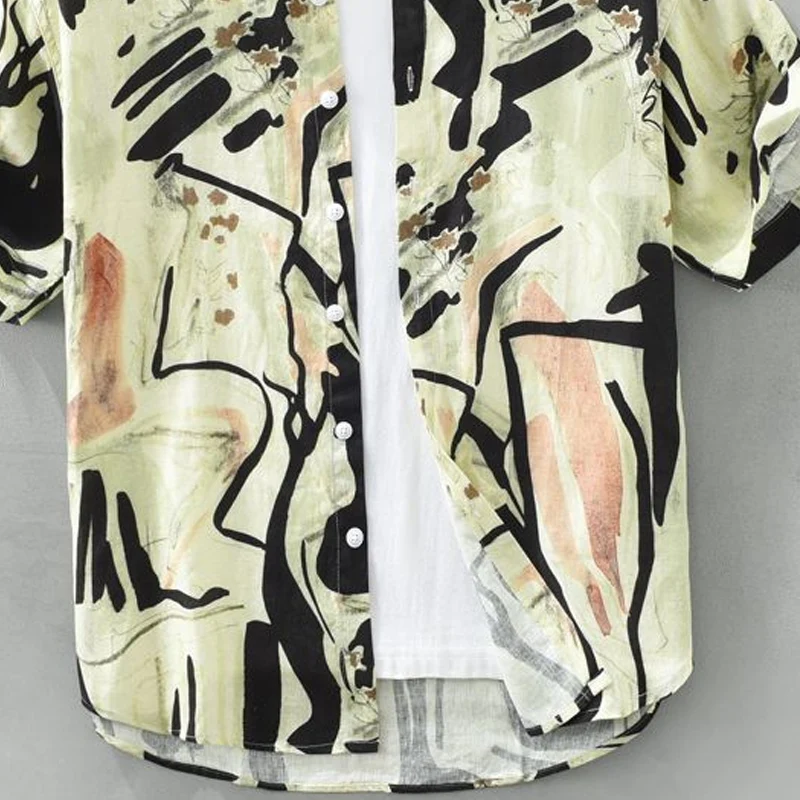 Summer New Turn-down Collar Fashion Short Sleeve Shirt Man High Street Casual Loose Button Cardigan Personality Printing Tops