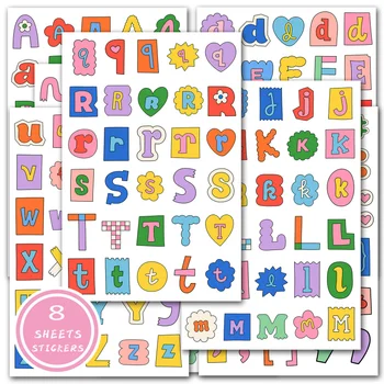 Etichetta adesiva con simboli dell'alfabeto da 8 fogli, adesivo decorativo con adesivi in materiale collage per diario con lettere a colori