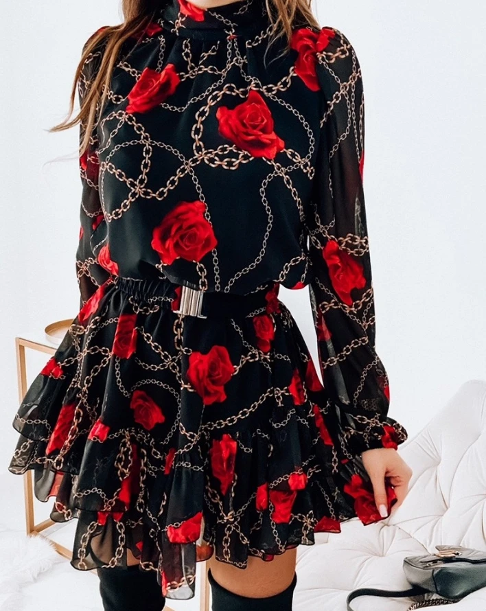 

Women's Casual Rose Chain Print Layered Tiered Mini Dress Female Clothes New Summer Female Long Sleeve Fashion Ruffles Dresses