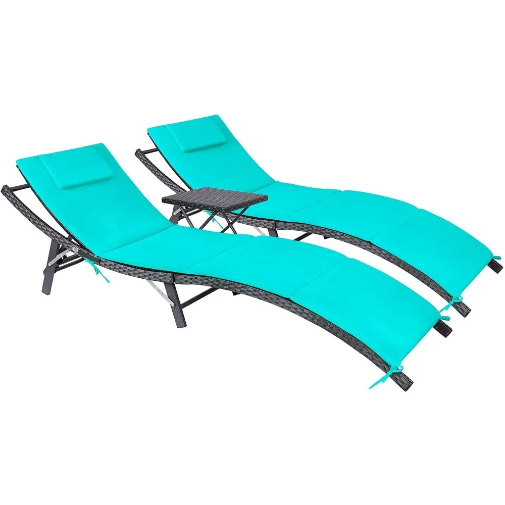 Patio Chaise Lounge Sets Outdoor Rattan Adjustable Back 3 Pieces Cushioned Patio Folding Chaise Lounge with Folding Table 2