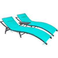Patio Chaise Lounge Sets Outdoor Rattan Adjustable Back 3 Pieces Cushioned Patio Folding Chaise Lounge with Folding Table 2
