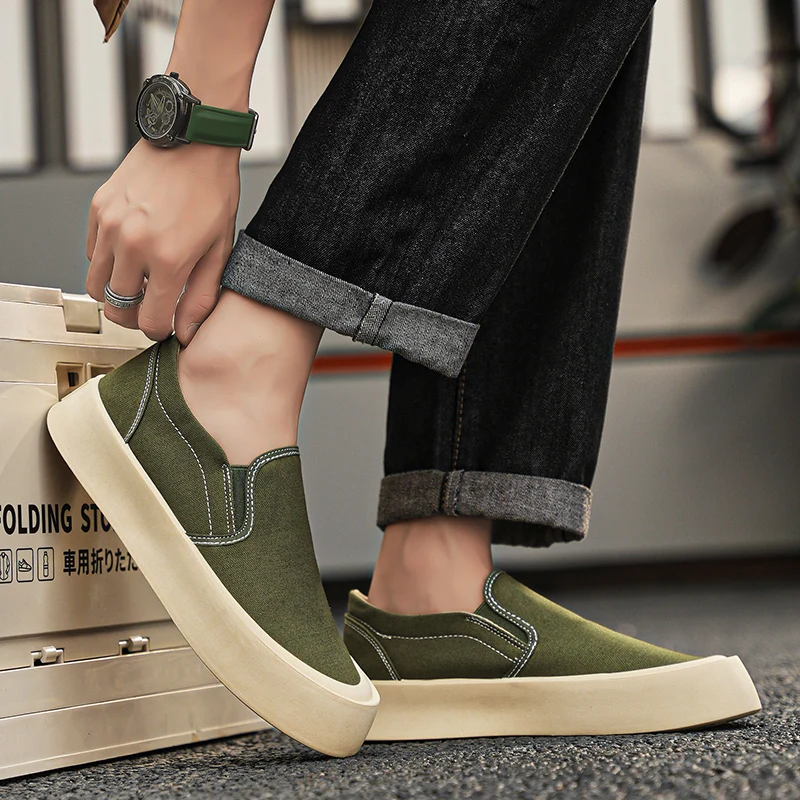 Fashion Platform Canvas Sneakers Men Summer Breathable Comfortable Men's Vulcanized Shoes Casual Green Slip-on Loafers For Men