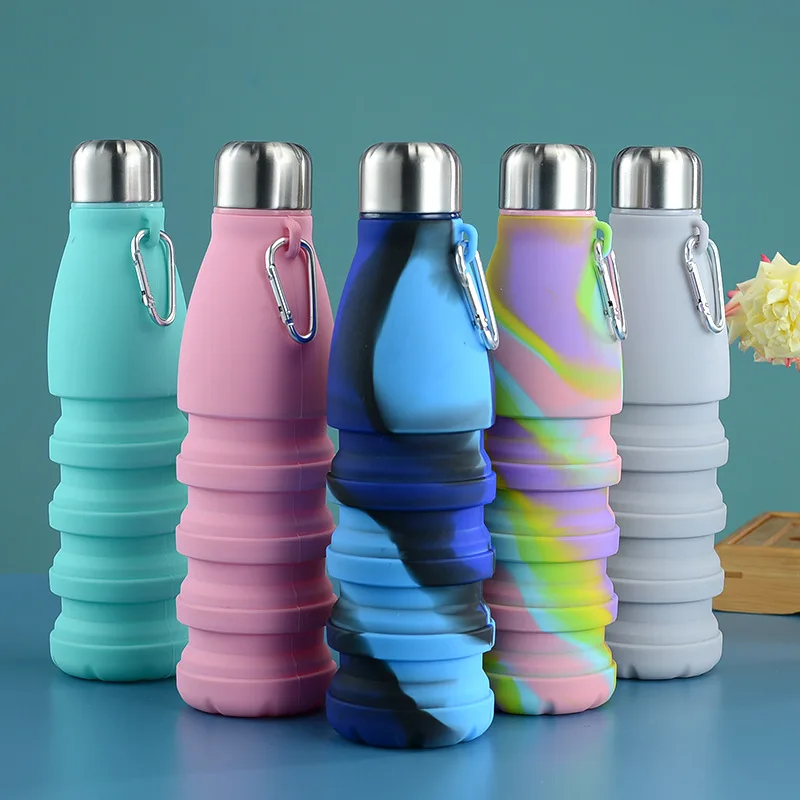 

550ML Portable Silicone Bottle Retractable Folding Water Bottle Outdoor Sports Travel Drinking Cup with Carabiner Large Capacity