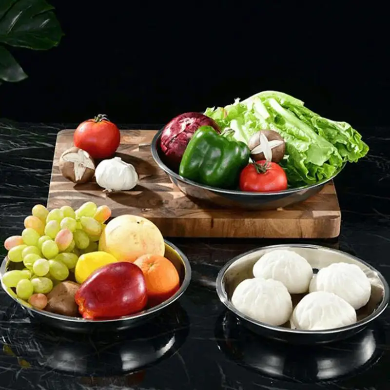8Pcs Stainless Steel Dining Dish Round Plates Barbecue Trays Food Serving