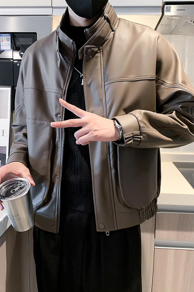 Men's leather jacket, synthetic leather, American retro bomber jacket, personalized and fashionable motorcycle bicycle jacket