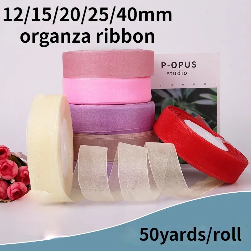 50Yards Organza Ribbon 12/15/20/25/40mm Gift Bows Wrapping Decoration Christmas Party Silk Ribbons Lace Fabric