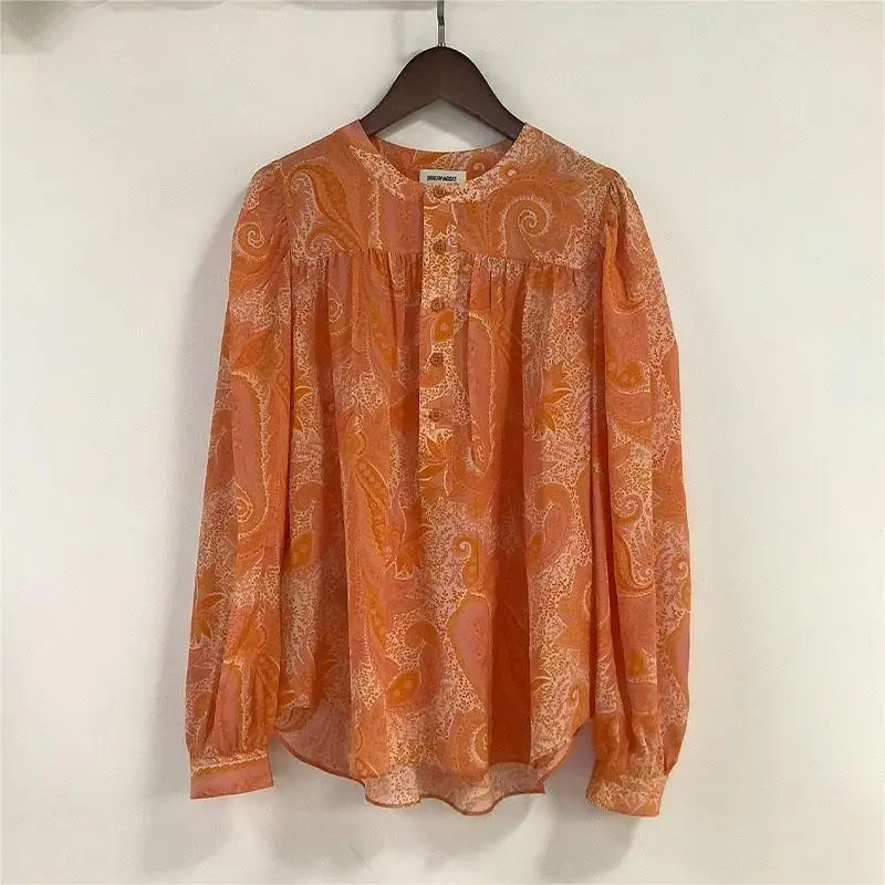 

Zadig Women Tops And Blouses Summer 2023 Chic Elegant Woman Blouse Orange Silk Shirts Casual Botton Crew Neck Shirt Tops Female