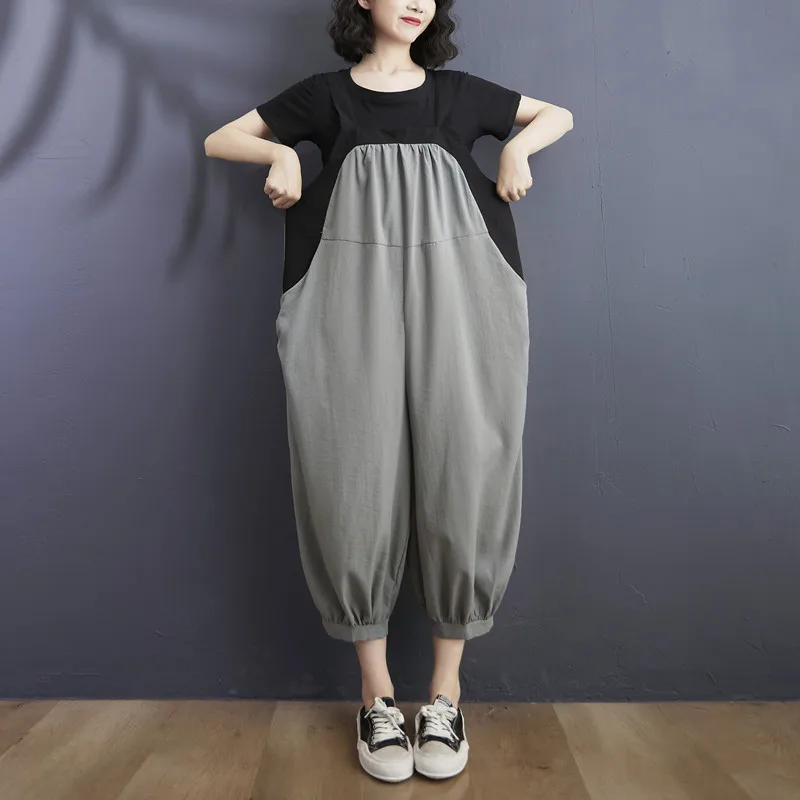 

Japanese Style Patchwork Sleeveless Chic Girl's Spring Summer Casual Pants Overalls Jumpsuits Fashion Women Cross-pants Rompers