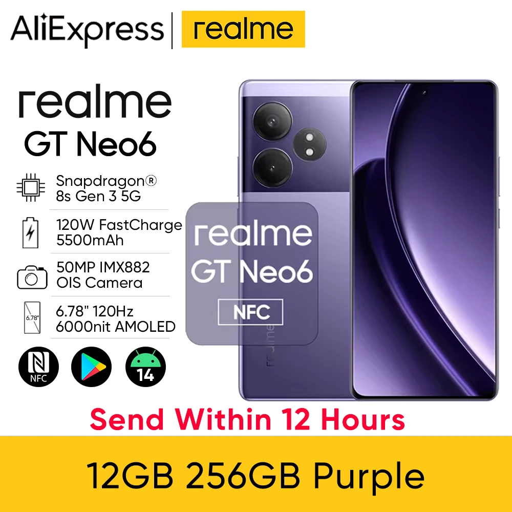 thumbnail image 1 of Teléfono inteligente realme GT Neo 6 5G original desbloqueado Snapdragon 8s Gen 3 50MP OIS 6.78" 120Hz 6000nit 5500mAh 120W NFC realme GT Neo6, 1 of 5