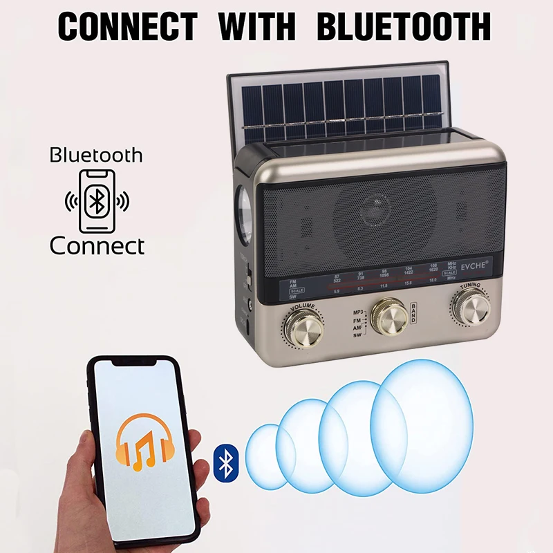 Portable Full Band Radio FM/AM/SW Radio Receiver Bluetooth Speaker Solar MP3 Music Player with LED Light Support USB/TF Card/AUX