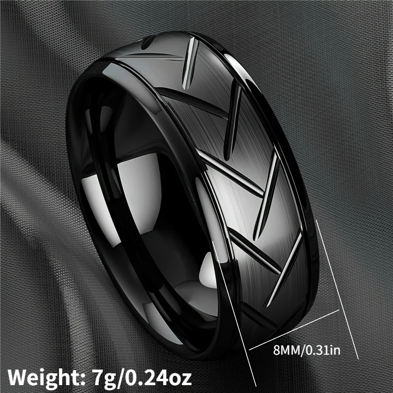 Elegant Black Stainless Steel Ring with Tire Groove Design – Men's Stylish Accessory and Unique Gift