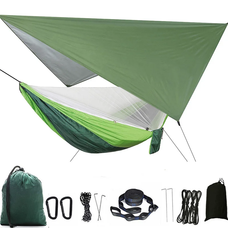 Camping Hammock Mosquito Net and Rain Fly Tarp Portable Tent Parachute Hammock with Tree Strap Indoor Outdoor Backpacking Travel 