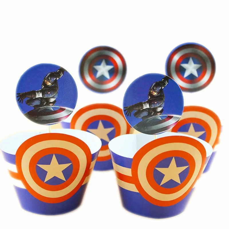 

Captain America Theme Cake Wrappers Baking Baby Shower Kids Favors Cupcake Toppers Birthday Events Party Decorations 12pcs/lot