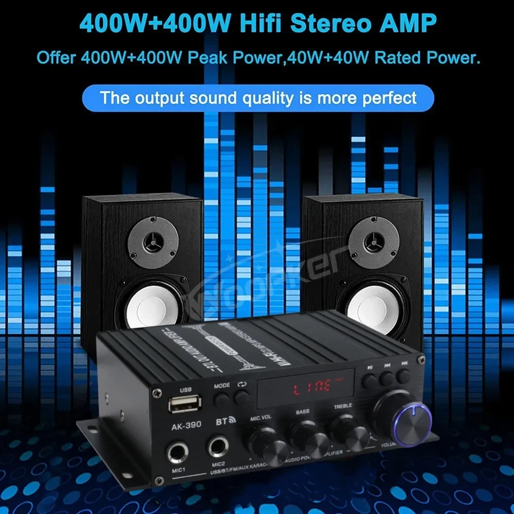 AK390 Sound Amplifier BT 5.0 HiFi Power Amplifier 800W Stereo Digital AMP BASS M