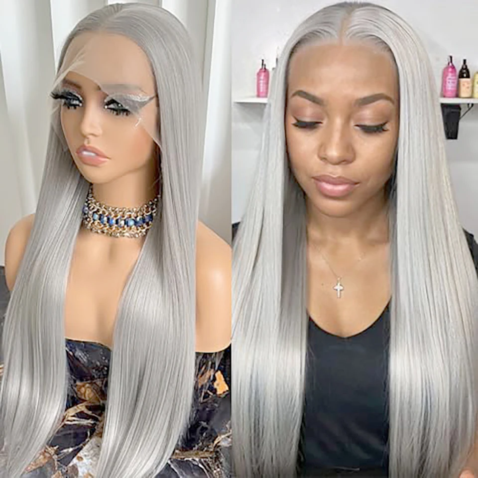 Silver Grey Lace Front Synthetic Hair Wigs Pre Plucked Lace Wig For Women Middle T Part Wig Glueless