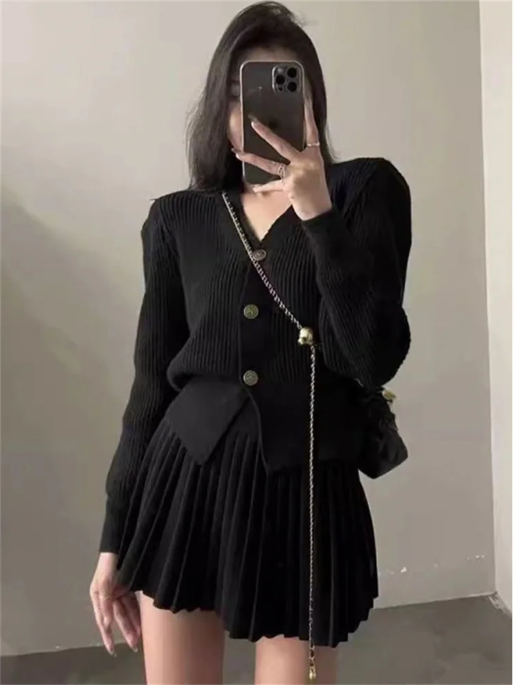 Vintage Female Knit 2 Piece-Set Pleated Skirts Casual Ribbed Cardigan Sweater And Skirt Sets Female Knitwear Outfits