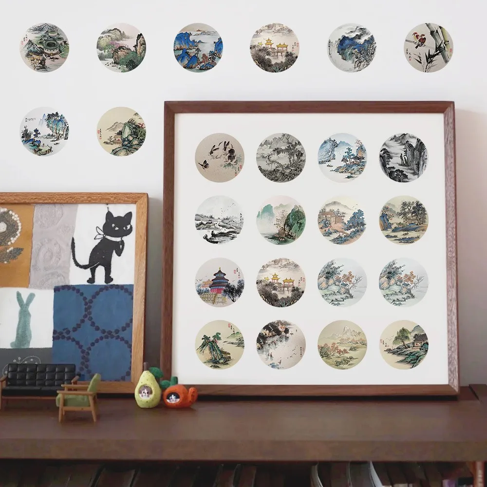 60Pcs Retro Chinese Style Landscape Painting Stickers Aesthetic View Illustration Decorative Sticker for Phone Fridge Notebook 5