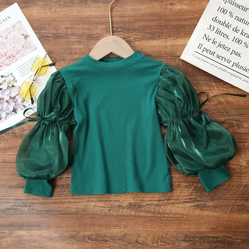 

Детская футболка с длинными рукавами-фонариками, Новинка весна-осень 2024, модные хлопковые футболки для девочек, детские футболки, женские топы