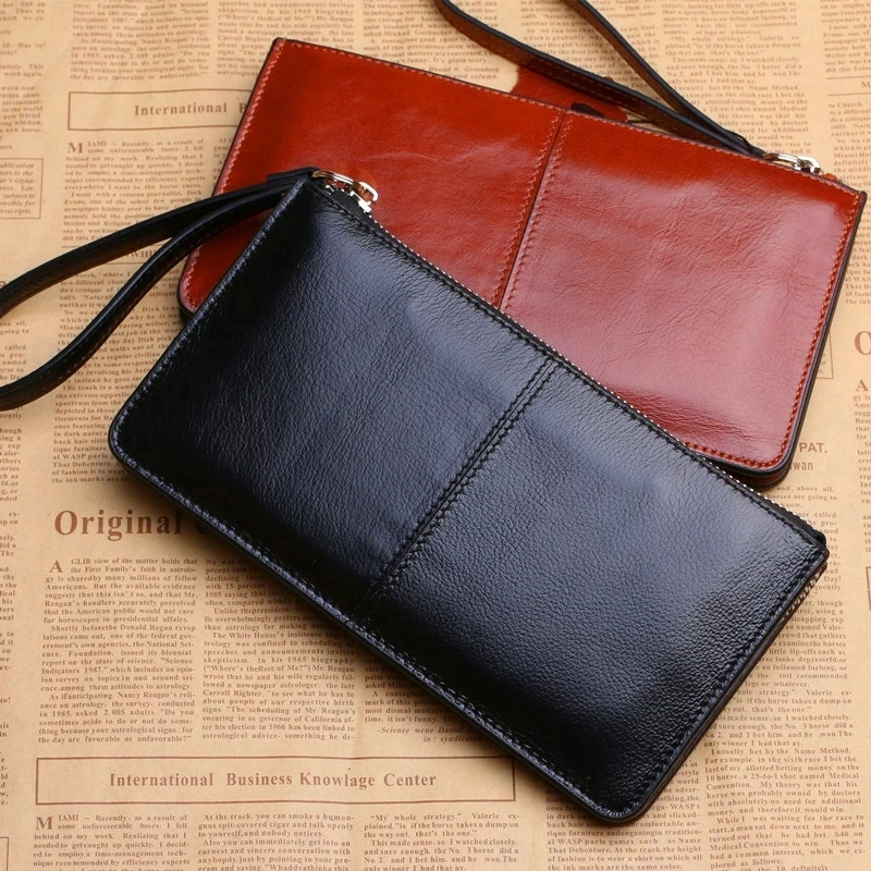 Women's Vintage Oil Wax Leather Zipper Clutch Wallet Female Large Capacity Coin Purse Ladies Wristband Simple Card Holder Wallet 4