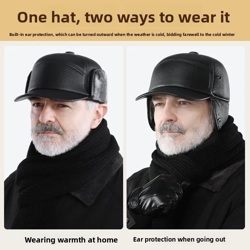 Older Winter Warm Hat Elderly Men's  Woolen Leather  Hat Fleece Lining Thickened Windproof Ear Protection Duckbill Cap