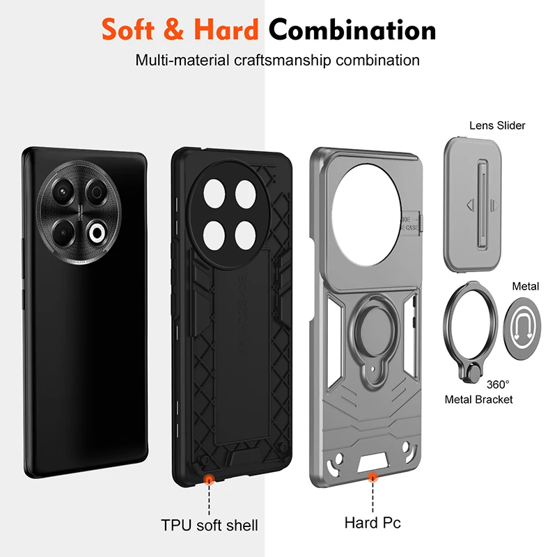 Shockproof Phone Case with Ring Holder, Camera Slide Cover, and Magnetic Shell