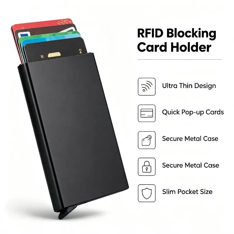 Sleek Minimalist Metal Wallet - Slim Black Card Holder