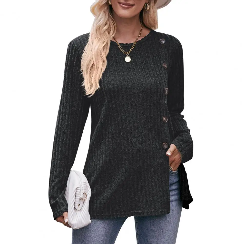 

Blouse for Womens Elegant Top Button Split Hem Solid Color Round Neck Striped Texture Solid Color Casual Lady Blouse blusas