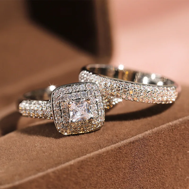 Silver Plate Wedding Engagement Cocktail Zircon Double-layer Finger Ring For Women 925 Silver Ring Set