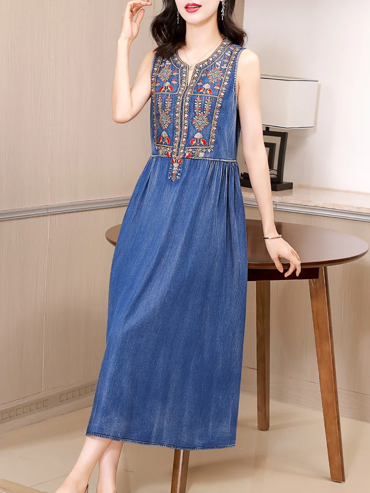 

TIYIHAILEY 2024 New Free Shipping Vintage Women Long Mid-Calf Summer Denim Chinese Style Embroidery Sleeveless Dress